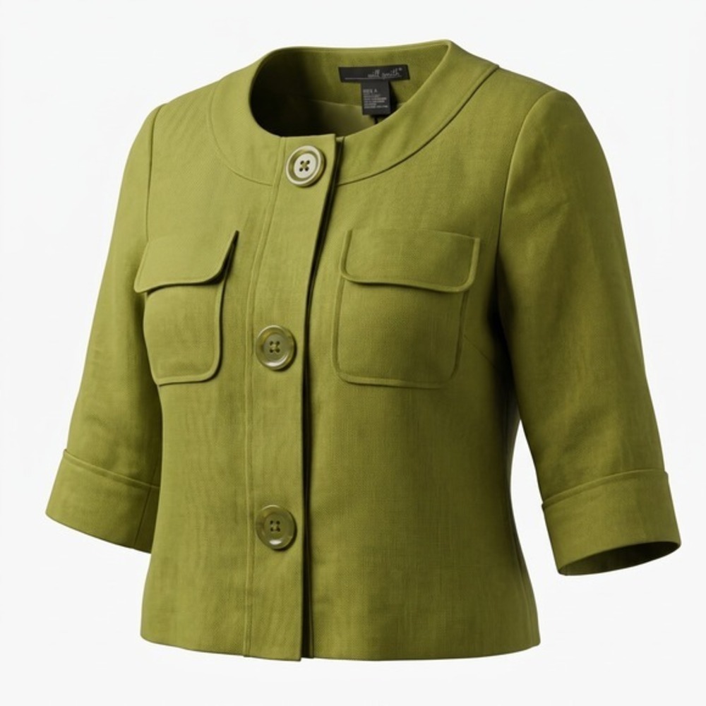 Willi Smith Green 100% Linen Cropped Jacket 3/4 Sleeve Button Front Size S